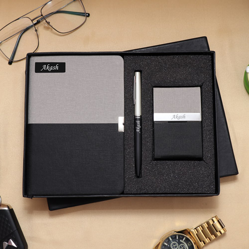 Premium Grey Black Diary Pen Card Holder Set