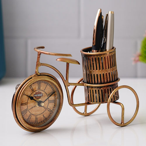 Cycle Shaped Clock Metal Pen Stand